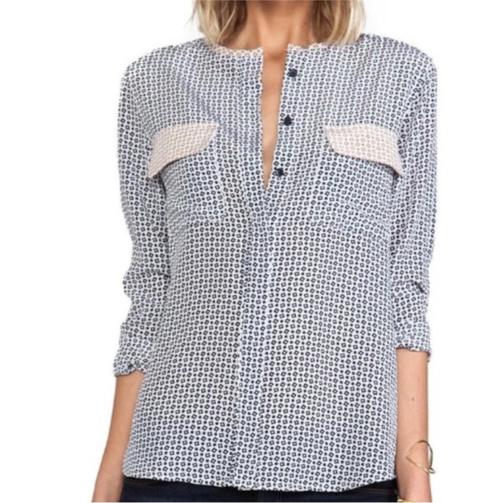 Equipment Lynn Geometric Print Navy & Tan Silk Button Down Blouse, Size Small